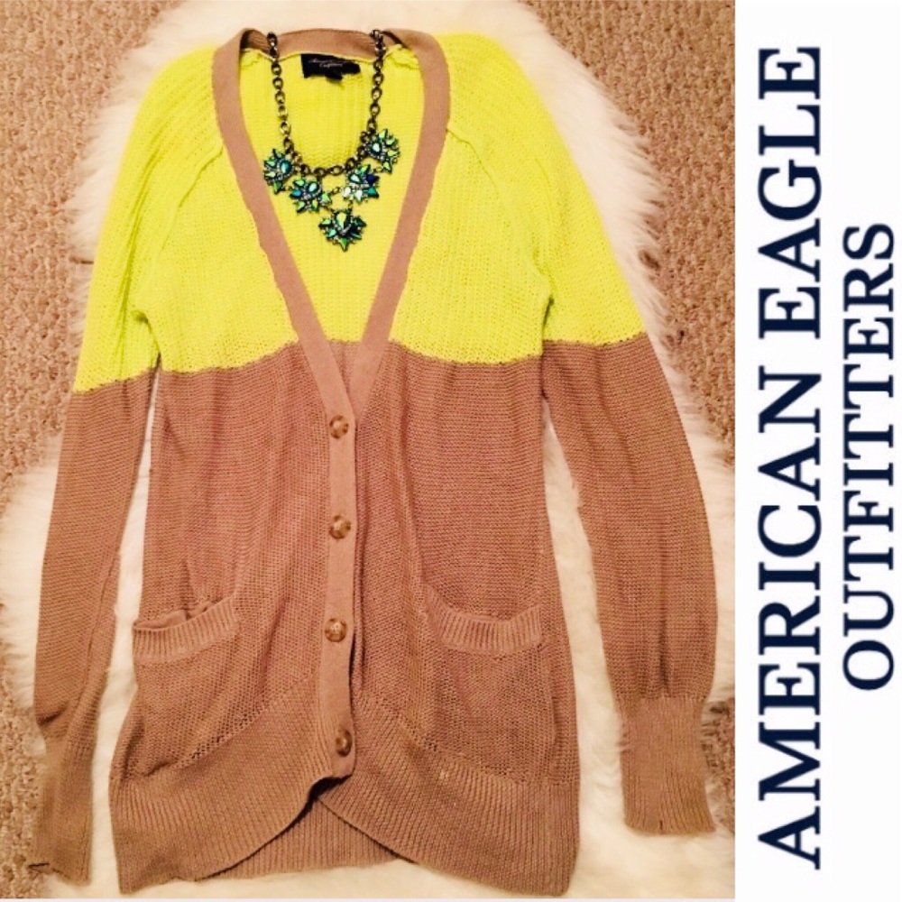 Cozy American Eagle Tan & Neon Yellow Cardigan - S